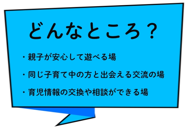 どんなところ？・親子が安心して遊べる場・同じ子育て中の方と出会える交流の場・育児情報の交換や相談ができる場